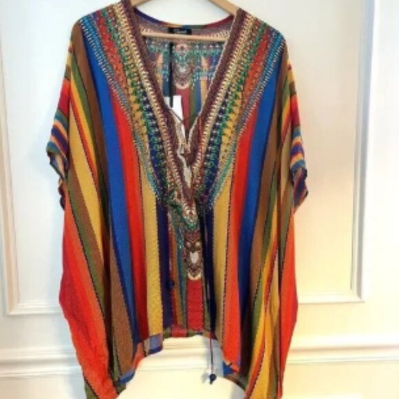 Shahida Parides Embellished 100% Silk Kaftan Multicolor Stripe NWT - Picture 1 of 6